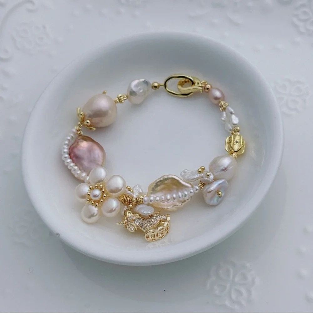 26B275 New Handmade Freshwater Baroque Bracelet 7” Gold Plated - Picture 3 of 11